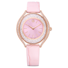 swarovski crystalline aura watch  swiss made  leather strap  pink  rose gold tone finish