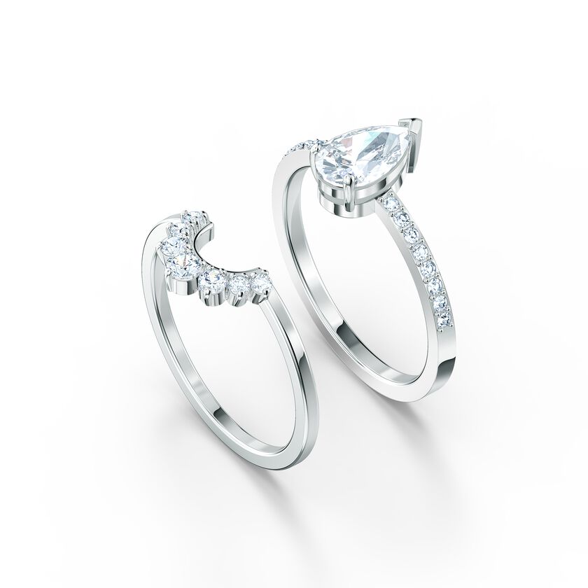 Attract  Pear Ring Set, White, Rhodium plated