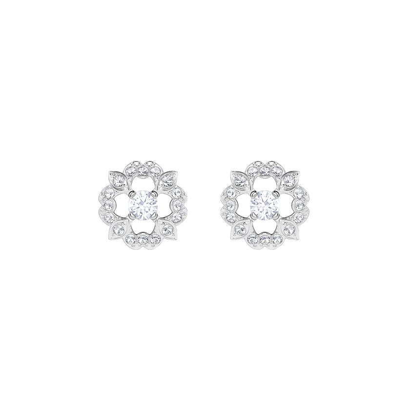 Sparkling Dance Flower Pierced Earrings, White, Rhodium plated