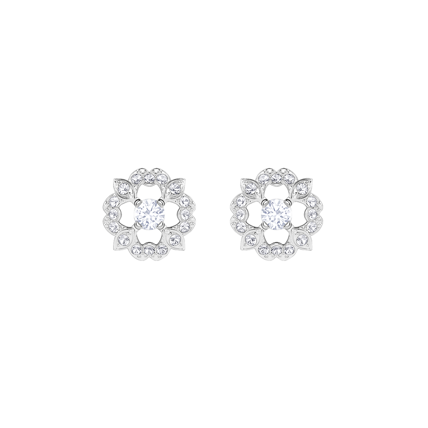 Sparkling Dance Flower Pierced Earrings, White, Rhodium plated