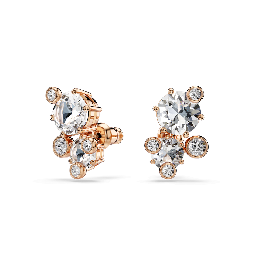 swarovski constella stud earrings  round cut  white  18k rose gold finish