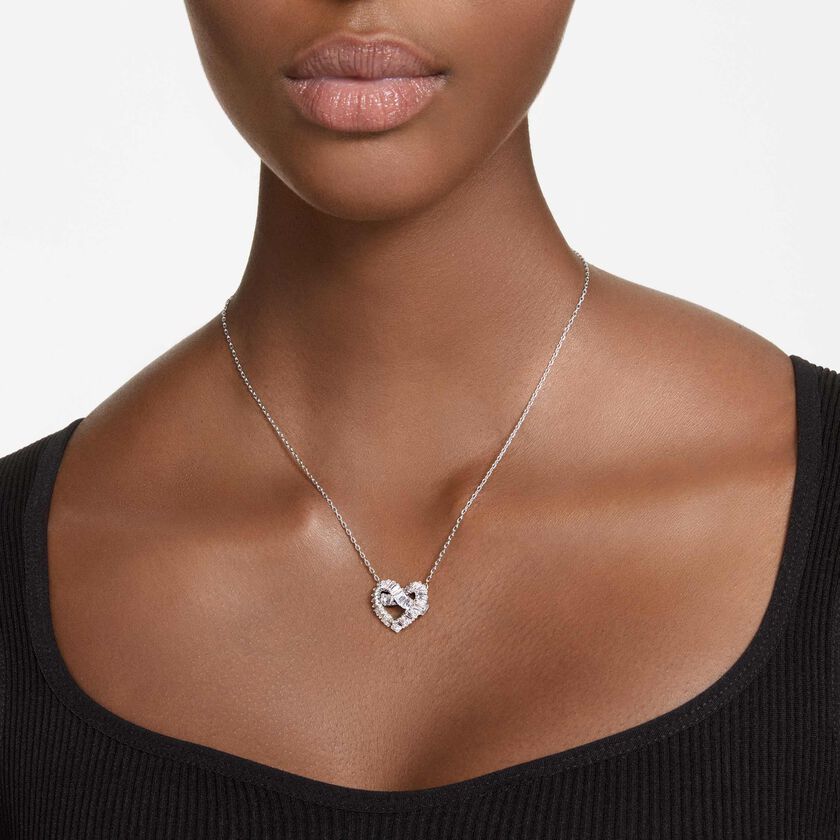 swarovski matrix pendant  mixed cuts  heart  white  rhodium plated