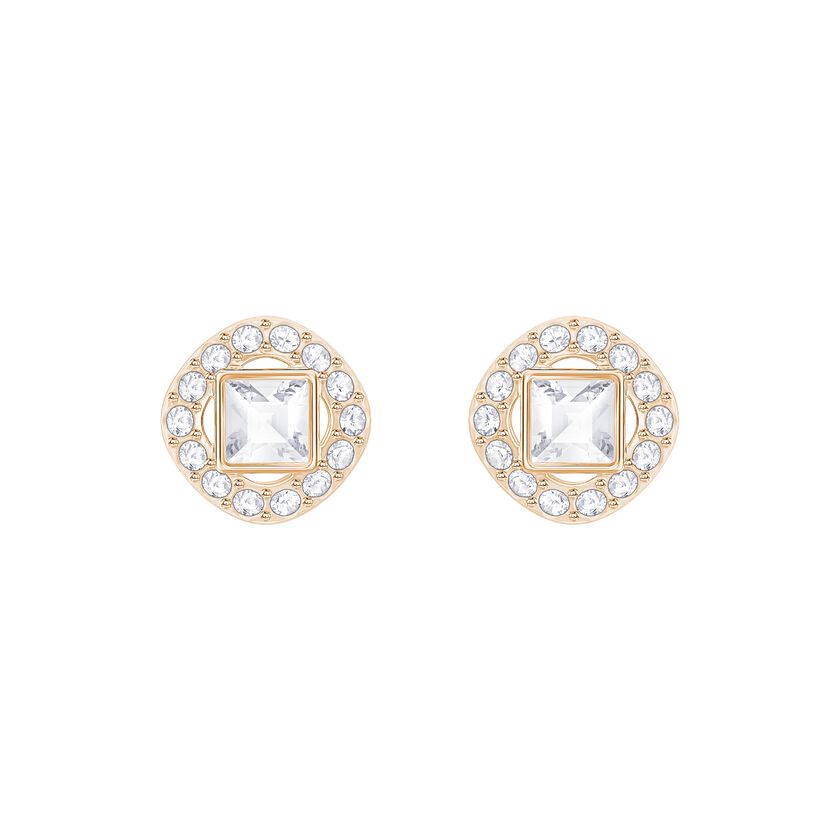 Angelic Square Pierced Earrings, White, Rose Gold Plated
