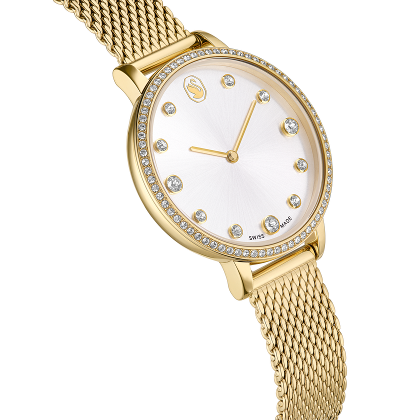 swarovski clarica watch  swiss made  metal bracelet  gold tone  gold tone finish