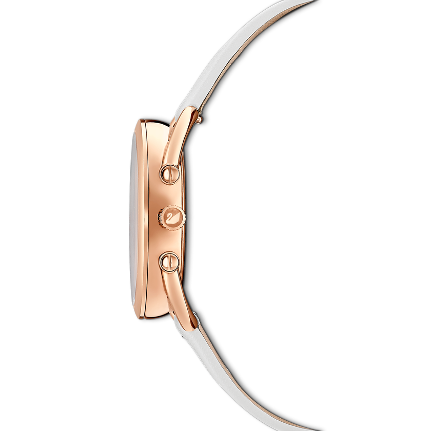 Crystalline Glam Watch, Leather Strap, White, Rose gold tone