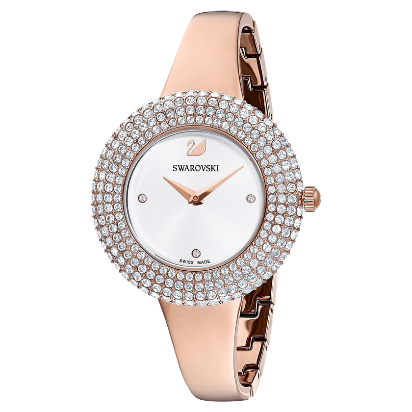Crystal Rose Watch, Metal Bracelet, White, Rose-gold tone PVD ...