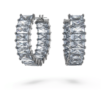 swarovski matrix hoop earrings  baguette cut  gray  ruthenium plated