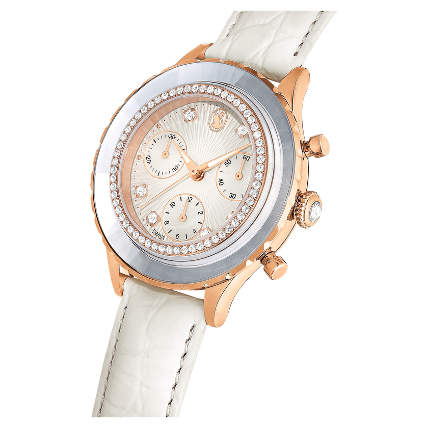 swarovski octea chrono watch  swiss made  leather strap  white  rose gold tone finish