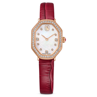 swarovski dextera octagon watch  swiss made  leather strap  red  rose gold tone finish