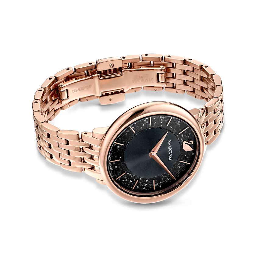 Crystalline Chic Watch, Metal bracelet, Black, Rose-gold tone PVD