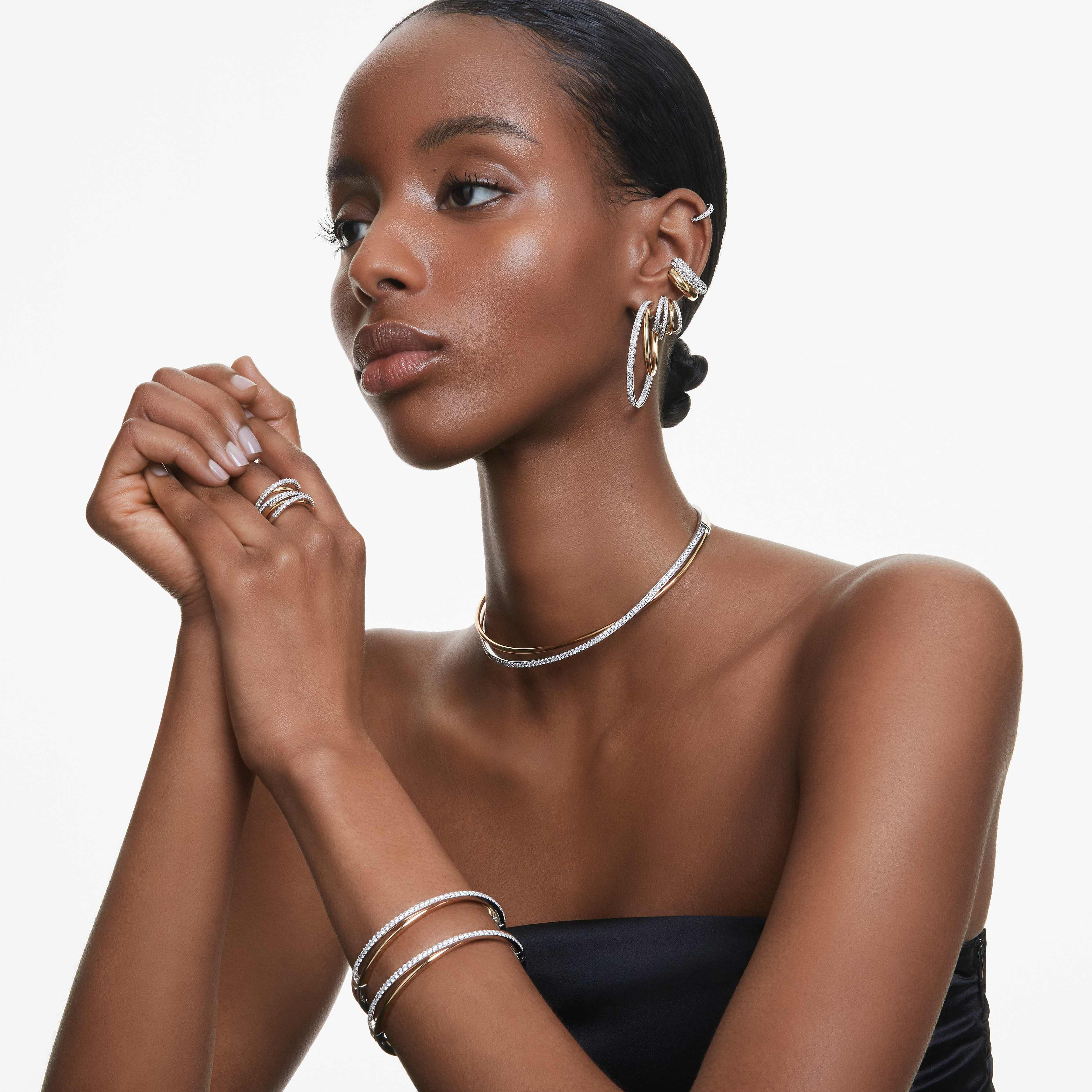 swarovski hyperbola hoop earrings  mixed cuts  mini  white  mixed metal finish