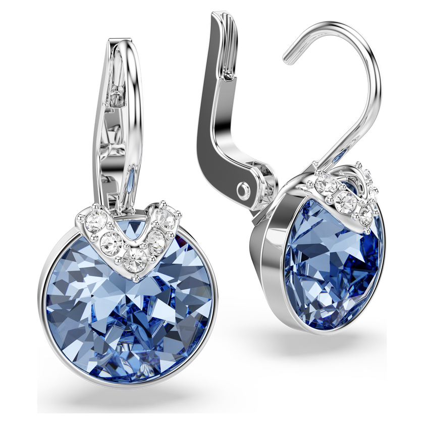 swarovski bella v drop earrings  round cut  blue  rhodium plated