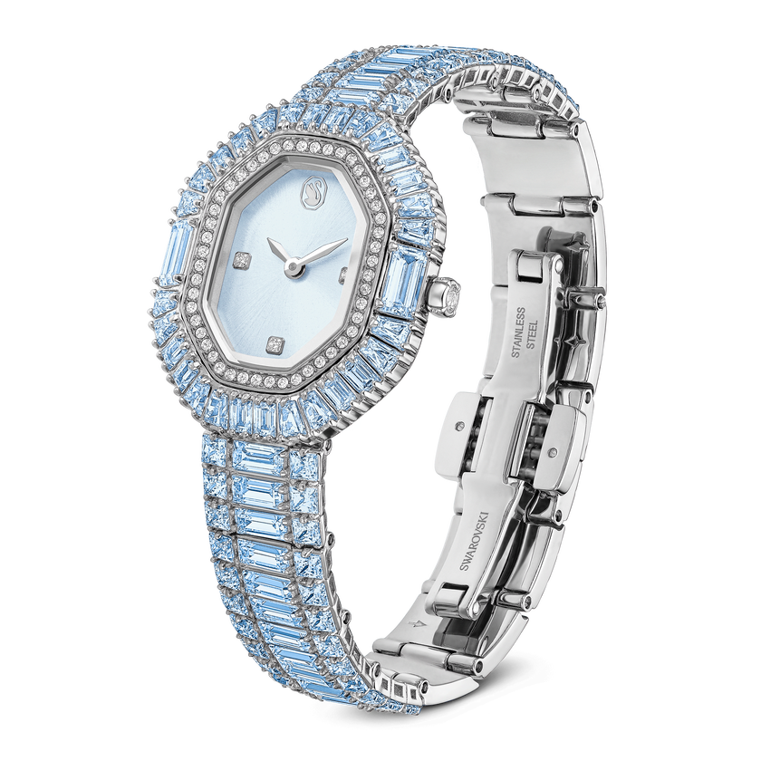 swarovski matrix octagon watch  baguette cut  metal bracelet  blue  stainless steel