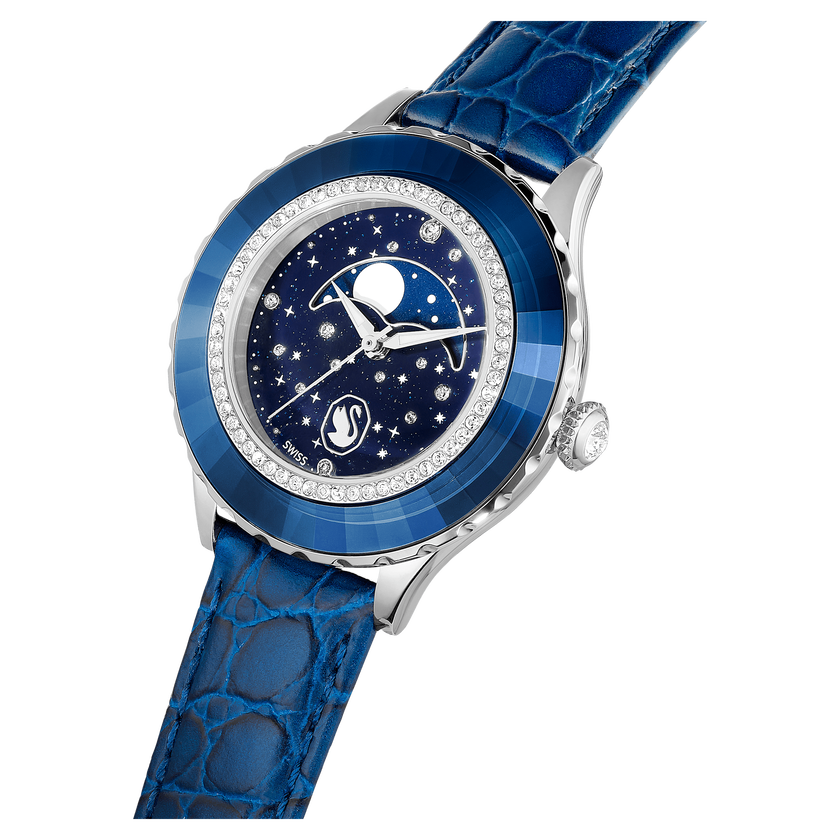swarovski octea moon watch  swiss made  moon  leather strap  blue  stainless steel