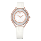 swarovski crystalline aura watch  swiss made  leather strap  white  rose gold tone finish