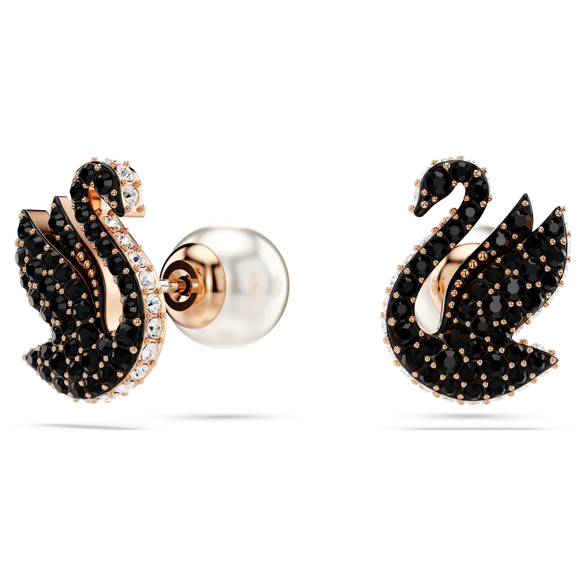 swarovski swan stud earrings  crystal pearl  swan  black  rose gold tone plated