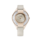 Crystalline Sporty Watch, Leather strap, Grey, Champagne-gold tone PVD