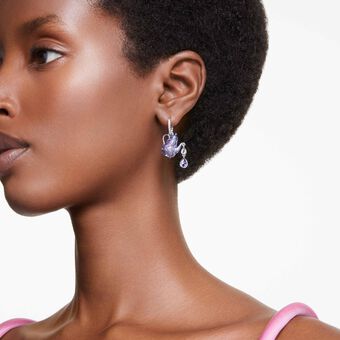 swarovski alice in wonderland drop earrings  asymmetrical design  cat and teapot  multicolored  rhodium plated