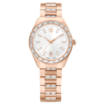swarovski matrix date watch  swiss made  metal bracelet  rose gold tone  rose gold tone finish