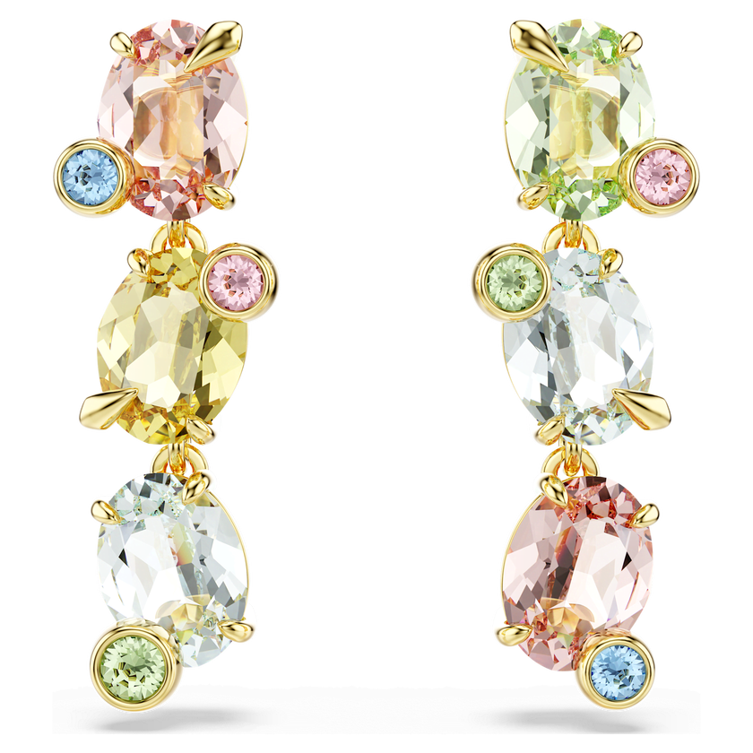 swarovski gema drop earrings  asymmetrical design  mixed cuts  multicolored  gold tone plated