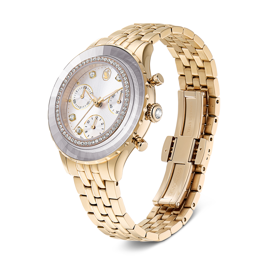 swarovski octea chrono watch  swiss made  metal bracelet  gold tone  champagne gold tone finish