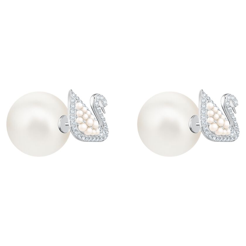 Iconic Swan Stud Pierced Earrings, White, Rhodium Plating