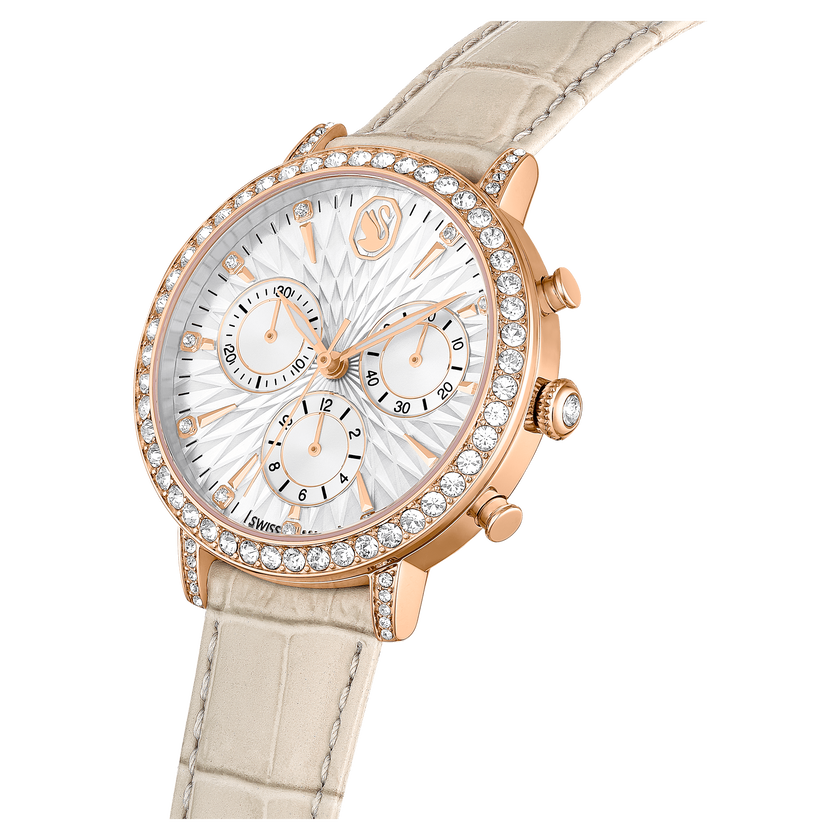 swarovski matrix tennis chrono watch  swiss made  leather strap  beige  rose gold tone finish