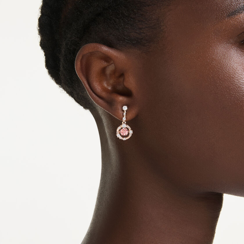 swarovski constella drop earrings  round cut  dancing stone  pink  rose gold tone plated