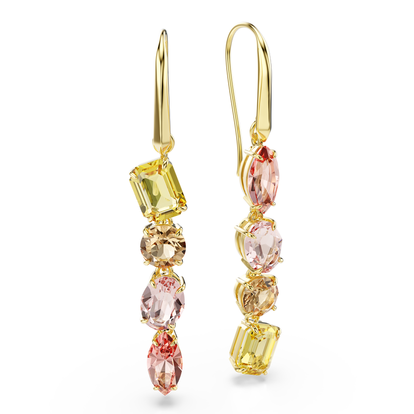 swarovski gema drop earrings  asymmetrical design  mixed cuts  pink  gold tone plated