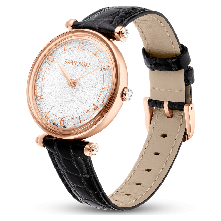swarovski crystalline wonder watch  swiss made  leather strap  black  rose gold tone finish