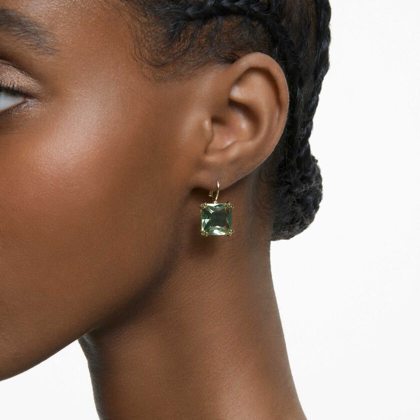 swarovski millenia earrings  square cut crystal  green  gold tone plated