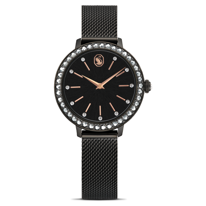 swarovski certa watch  swiss made  metal bracelet  black  black finish