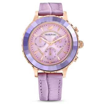 swarovski octea lux chrono watch  leather strap  purple  rose gold tone finish