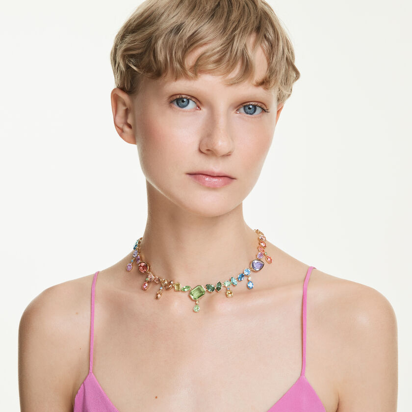 swarovski gema necklace  mixed cuts  dangling crystals  multicolored  gold tone plated