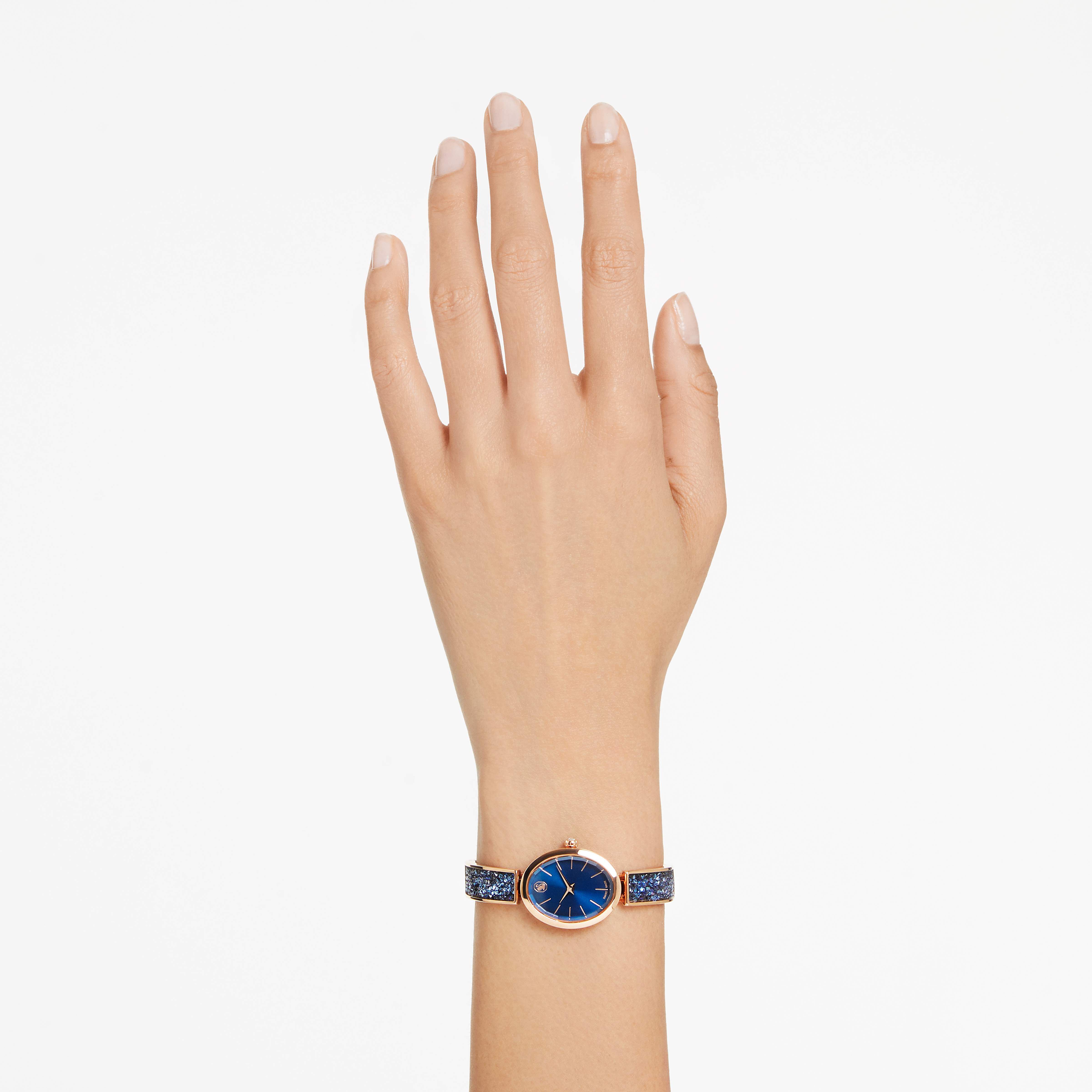 Crystal Rock Oval watch Swiss Made Metal bracelet Blue Rose gold tone finish