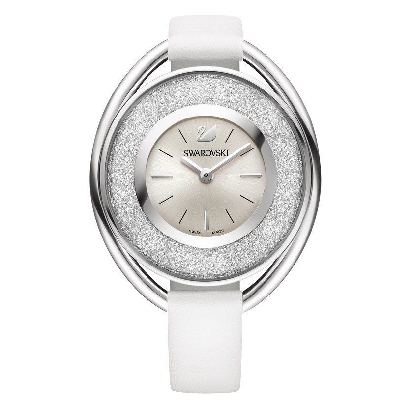 Crystalline Oval Watch, Leather strap, White, Silver Tone