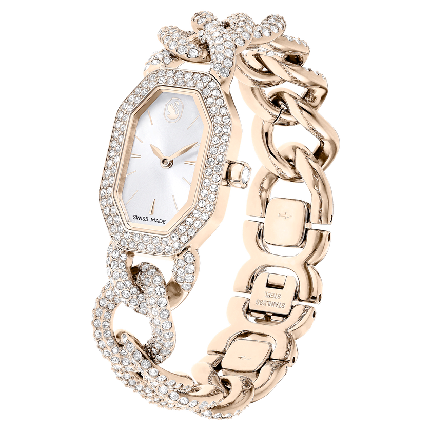 swarovski dextera chain watch  swiss made  crystal bracelet  white  champagne gold tone finish