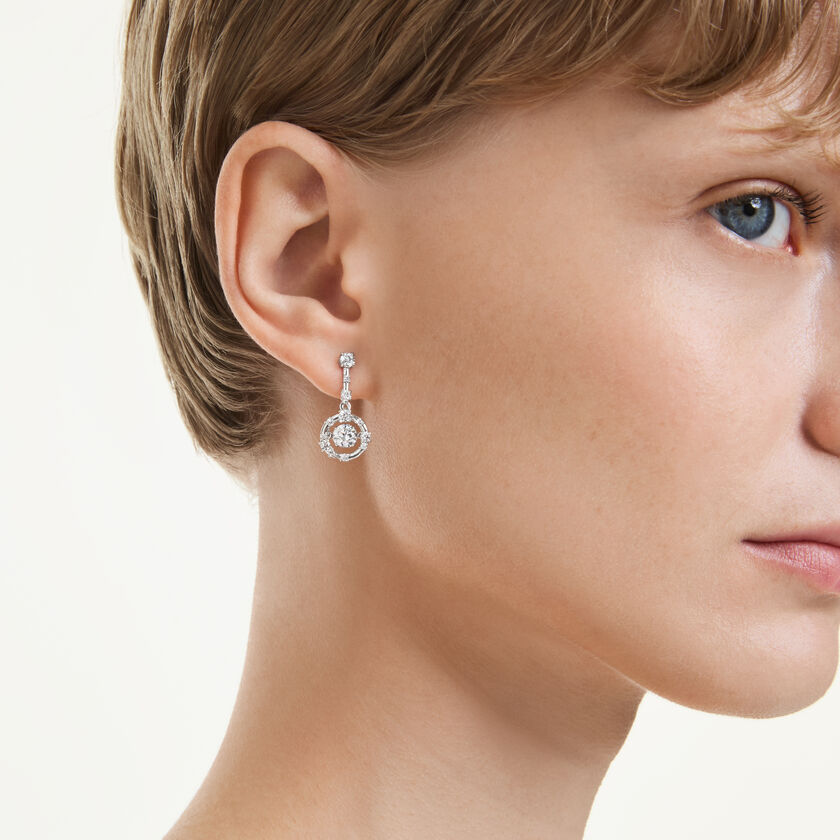 swarovski constella drop earrings  round cut  dancing stone  white  rhodium plated