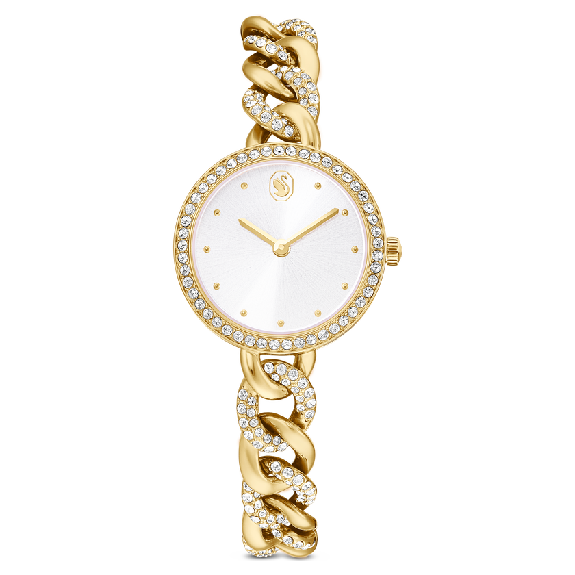 swarovski cocktail round watch  round cut  metal bracelet  gold tone  gold tone finish