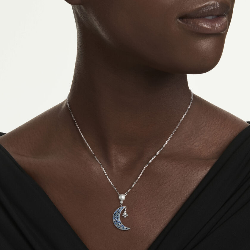 swarovski symbolica pendant  round cut  moon  blue  rhodium plated