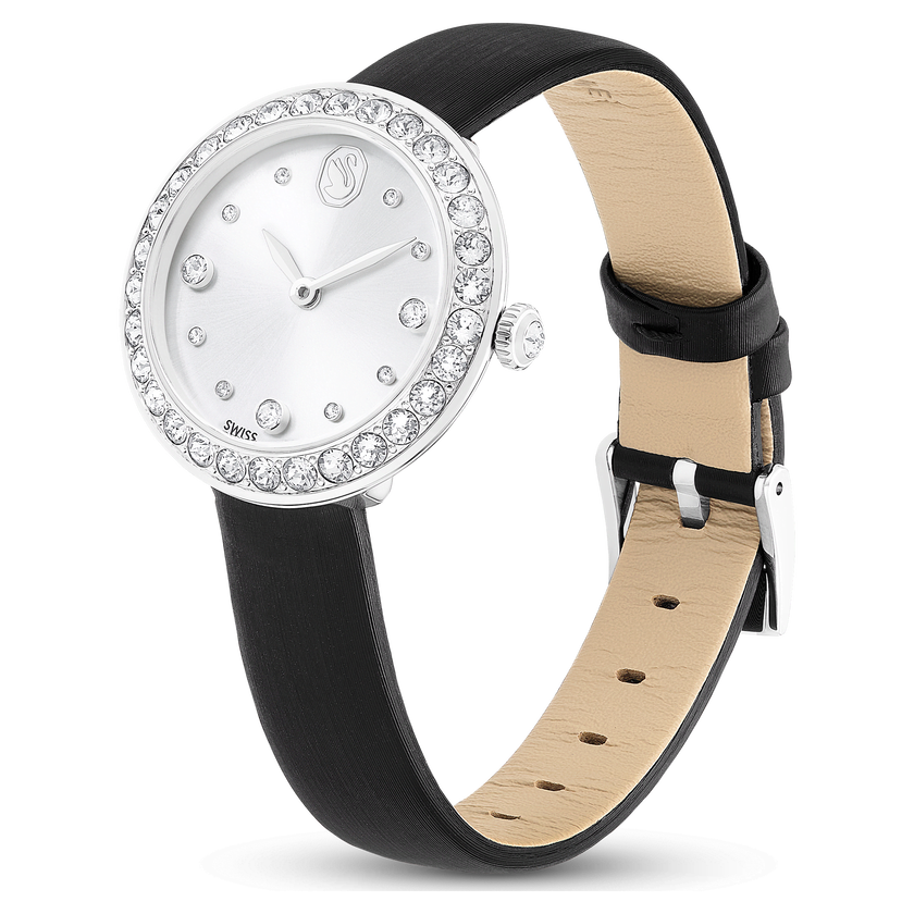 swarovski matrix tennis watch  swiss made  leather strap  black  stainless steel