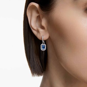 swarovski una drop earrings  octagon cut  blue  rhodium plated