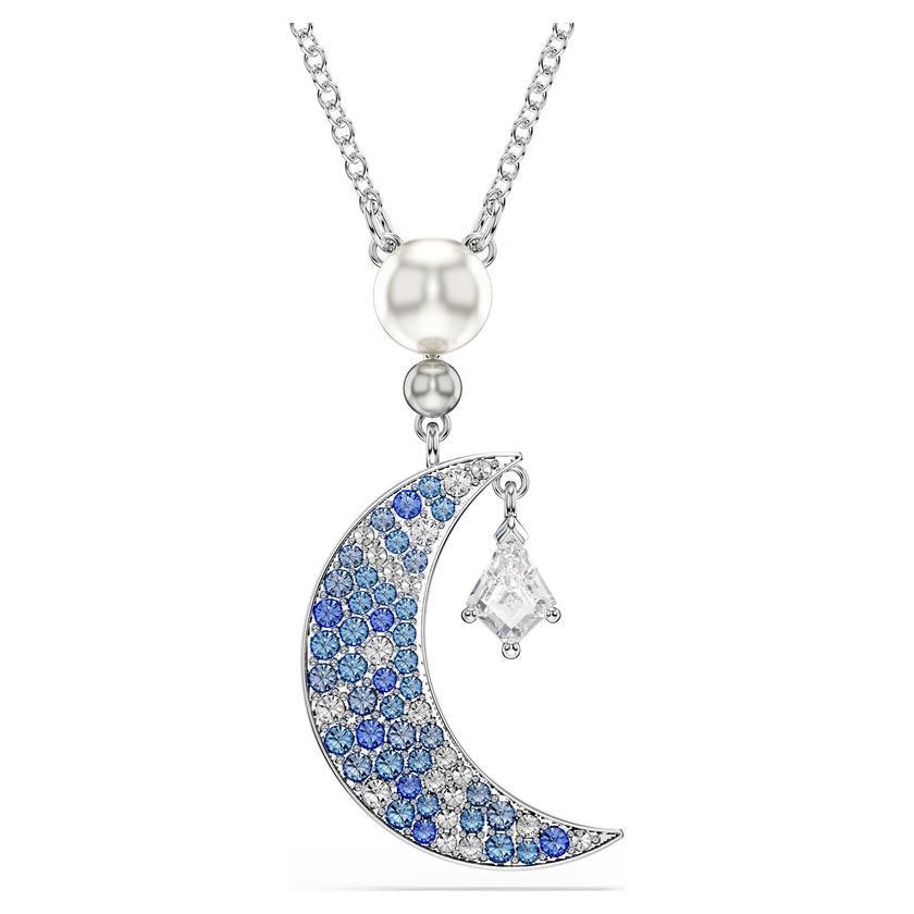 swarovski symbolica pendant  round cut  moon  blue  rhodium plated