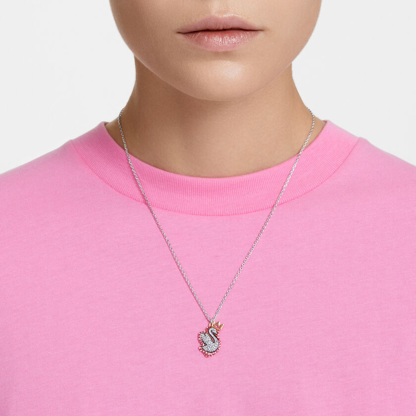 Pop Swan pendant, Swan, Pink, Rhodium plated