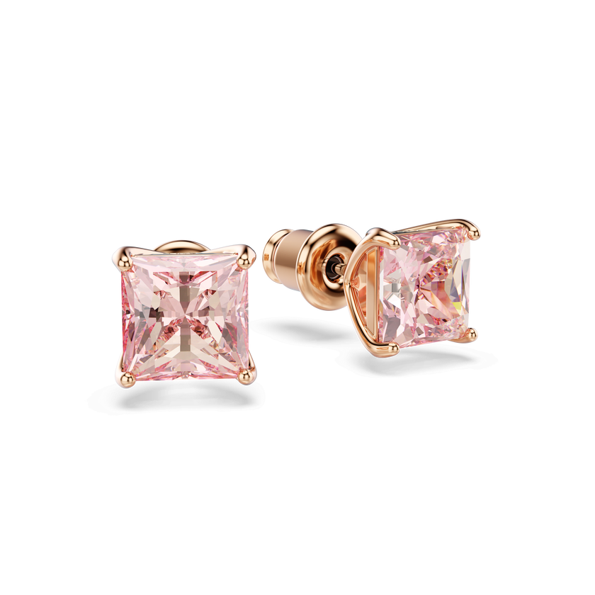 swarovski stilla stud earrings  square cut  pink  18k rose gold finish