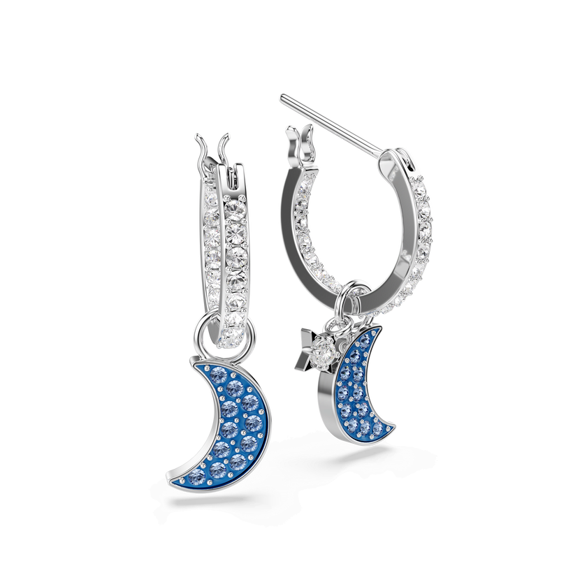 swarovski symbolica drop earrings  round cut  moon  blue  rhodium plated