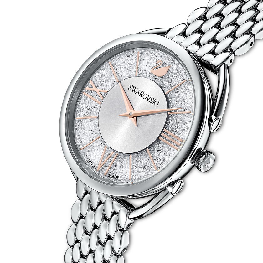 Crystalline Glam Watch, Metal Bracelet, White, Silver tone