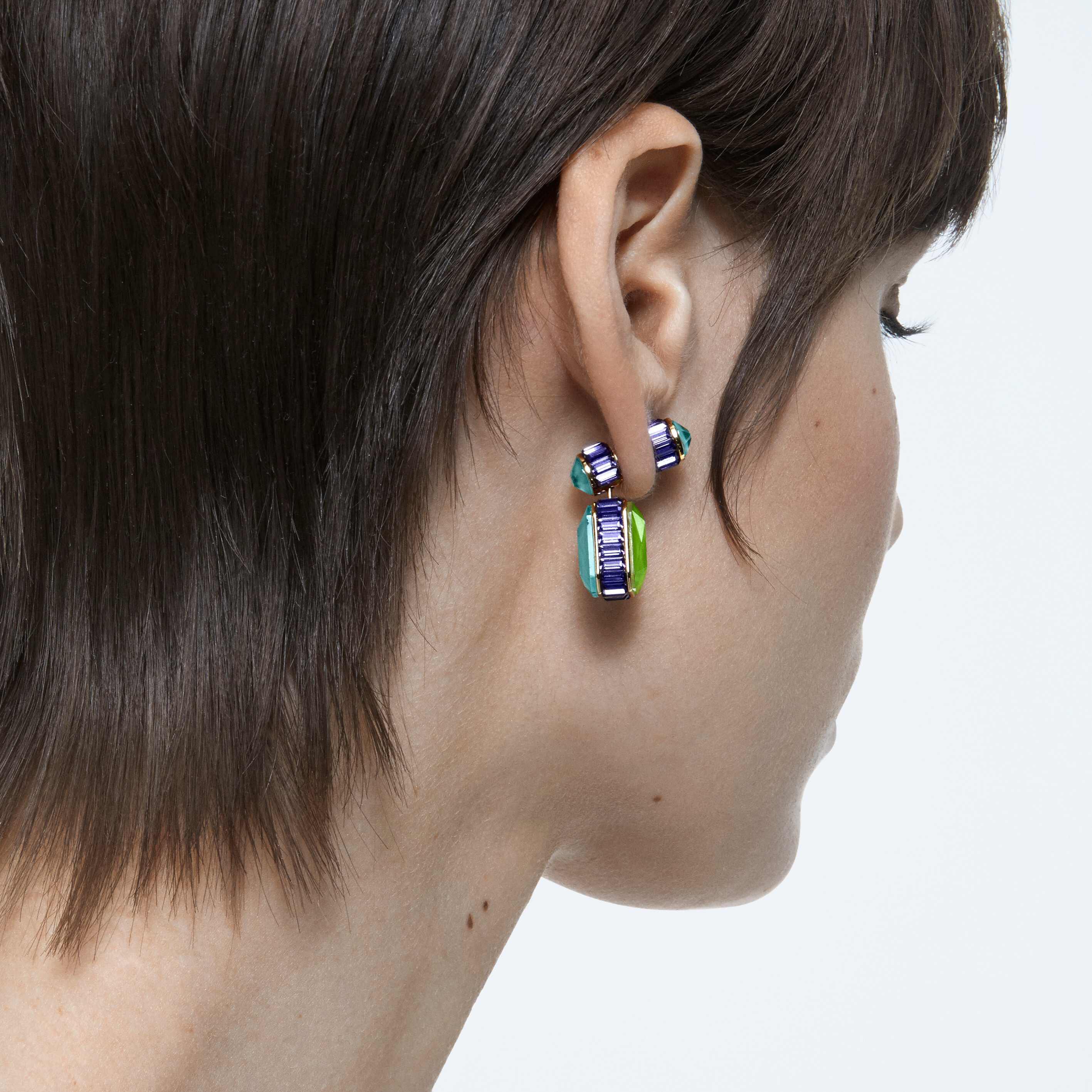 swarovski chroma drop earrings  asymmetrical design  octagon cut  multicolored  gold tone plated