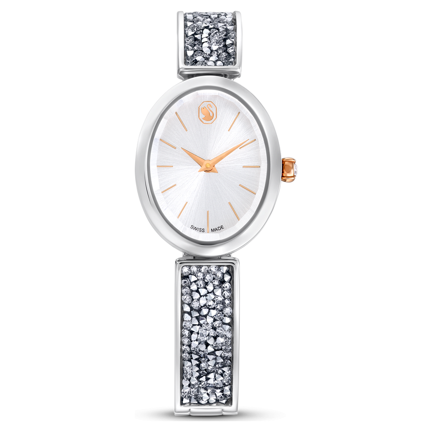 swarovski crystal rock oval watch  swiss made  metal bracelet  white  stainless steel