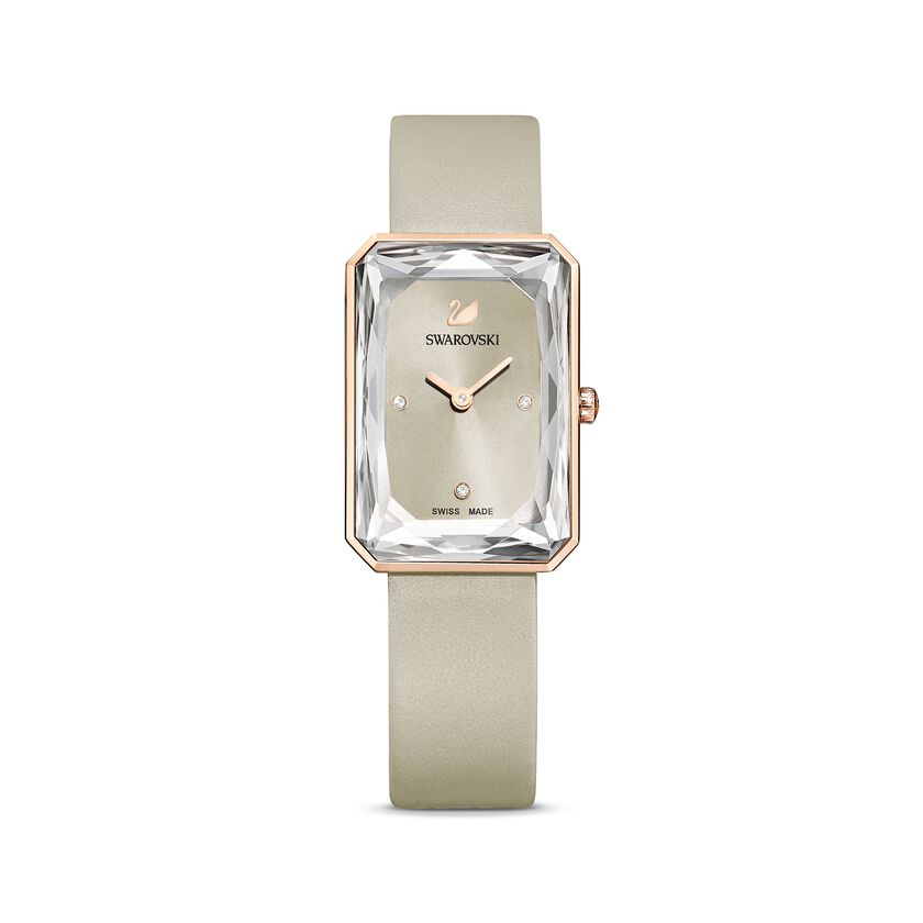 Uptown Watch, Leather strap, Grey, Rose-gold tone PVD